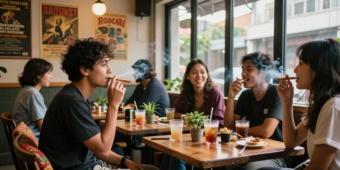 Group of friends enjoying rokok88 artisan cigarettes in a vibrant café setting, reflecting modern lifestyle.