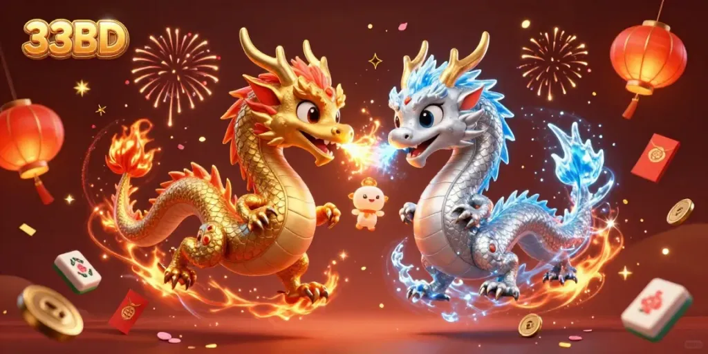 Experience the exciting entertainment of 33BD with twin dragons amidst rich casino elements.