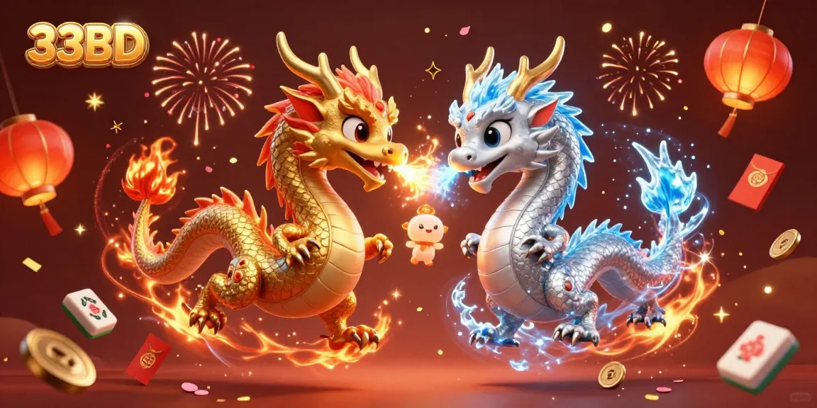 Experience the exciting entertainment of 33BD with twin dragons amidst rich casino elements.