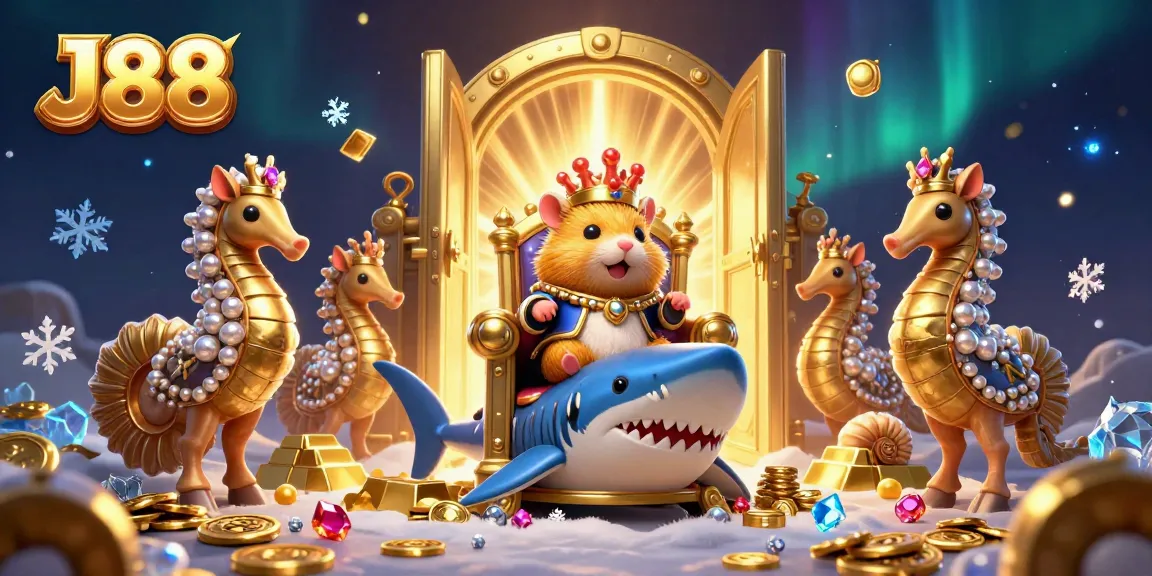 Experience the thrill of J88 with a golden hamster king amidst treasures in this vibrant casino illustration.