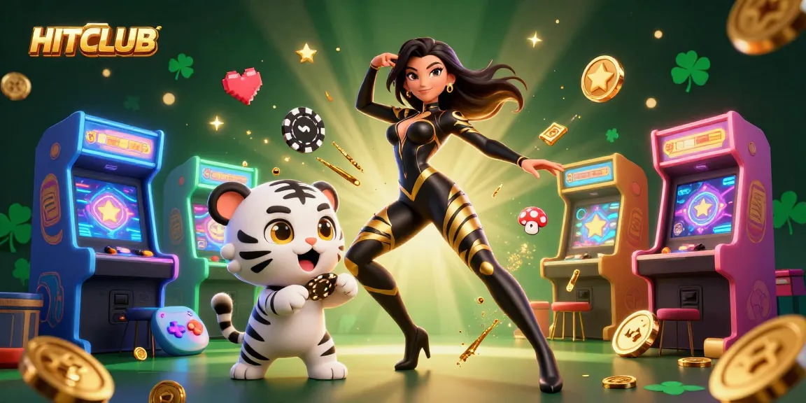 Experience thrills at HITCLUB with vibrant games and a stunning acrobatic character in a dynamic scene.
