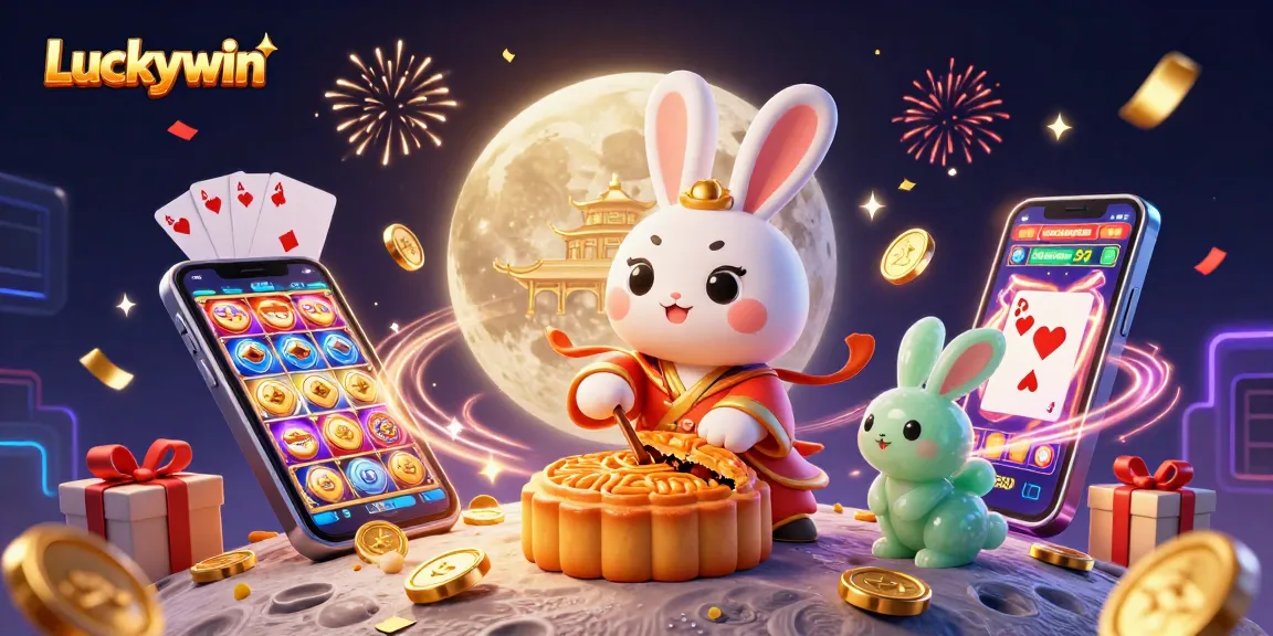 Luckywin showcases a vibrant 3D scene with a lunar rabbit and casino elements, celebrating big wins!