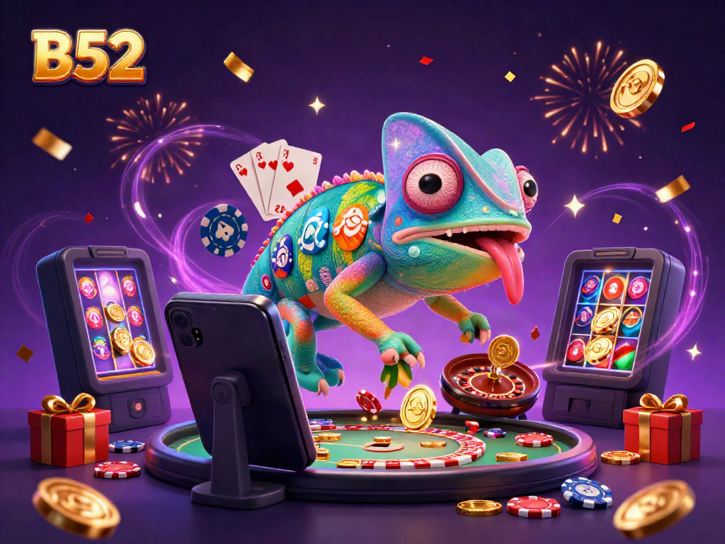B52 chameleon casino owner capturing golden coins in a vibrant gaming atmosphere filled with excitement and dynamic elements.