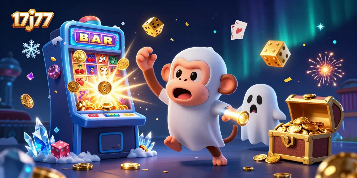 Engage with 17j77 in a vibrant casino scene, featuring playful characters and festive jackpot elements.
