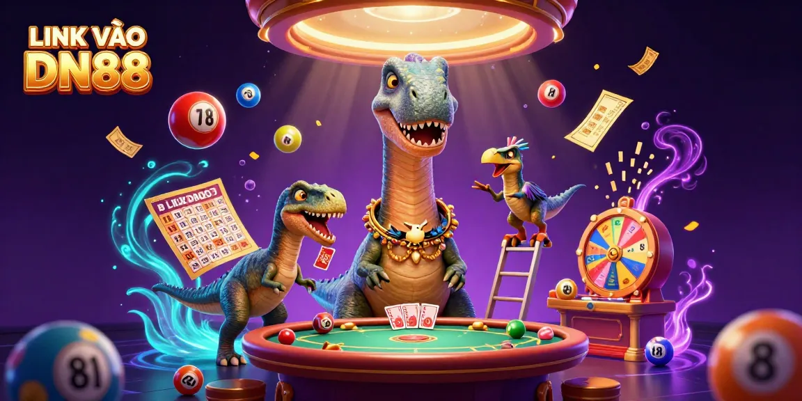 Engage in exciting gaming with LINK VÀO DN88 in a vibrant casino scene filled with lottery balls and animated characters.