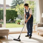 Professionals ensuring wohnungsreinigung solothurn with a deep clean in a bright living room.