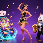 Engage with f168's vibrant digital casino scene featuring a dancing flapper and playful saxophone cat.