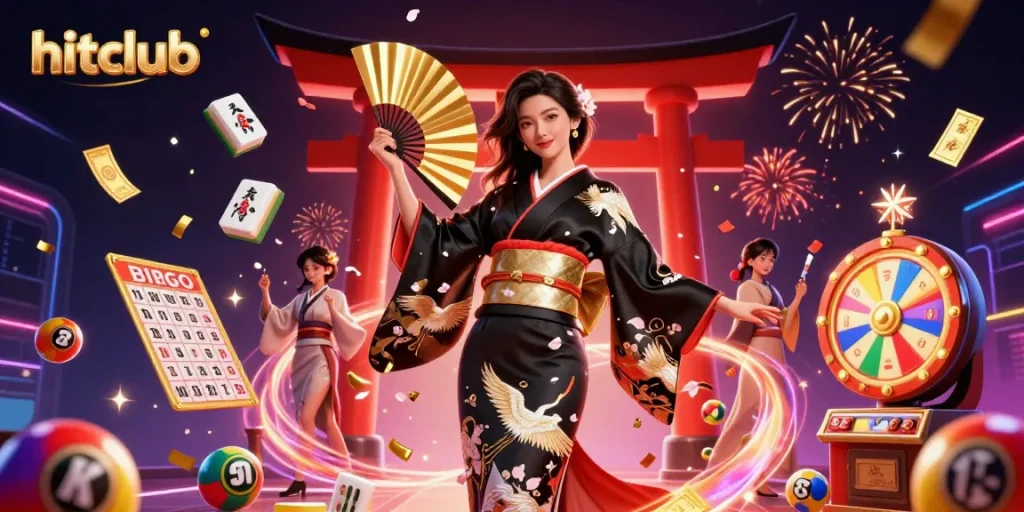 Experience the excitement of hitclub with a vibrant casino scene featuring colorful lottery elements and an elegant Asian character.