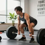 Prime Pharma Steroids-Nutzer hebt Gewichte in einem hellen Fitnessstudio.