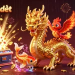 Witness the excitement of đá gà trực tiếp with a dynamic 3D scene showcasing a golden dragon, phoenix, and koi fish