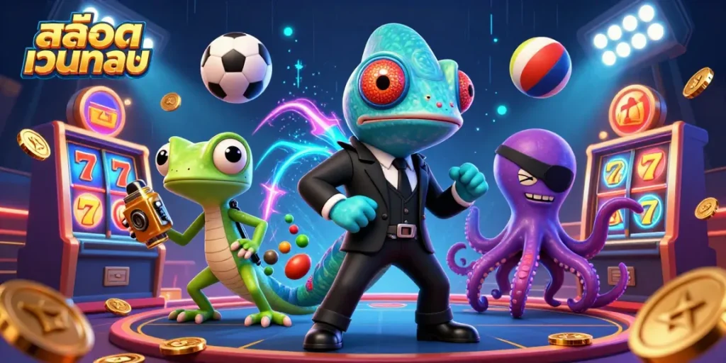 Engage with the exciting สล็อตเว็บตรง gaming experience featuring a colorful 3D casino scene.