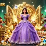 Engage with LUWAKPOKER's captivating slots scene featuring a glamorous princess, treasure, and gold elements.