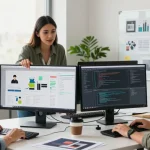 Kollaborativer Arbeitsbereich in einer Web Agentur, der ein diverses Team zeigt, das sich an kreativen Projektdiskussionen beteiligt.