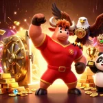 Hit club dynamic gaming scene with a bull, eagle, and panda among riches.