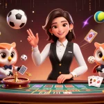 Tài xỉu online gaming scene with an Asian dealer and owl assistant at a baccarat table