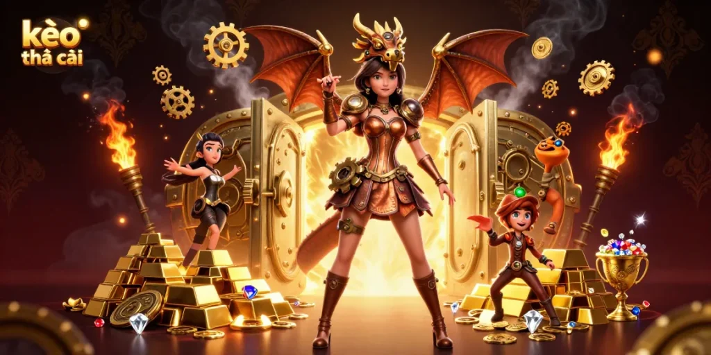 Engaging kèo nhà cái scene with a woman in steampunk dress and a clockwork dragon revealing hidden treasures