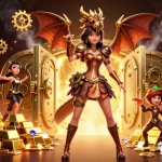 Engaging kèo nhà cái scene with a woman in steampunk dress and a clockwork dragon revealing hidden treasures