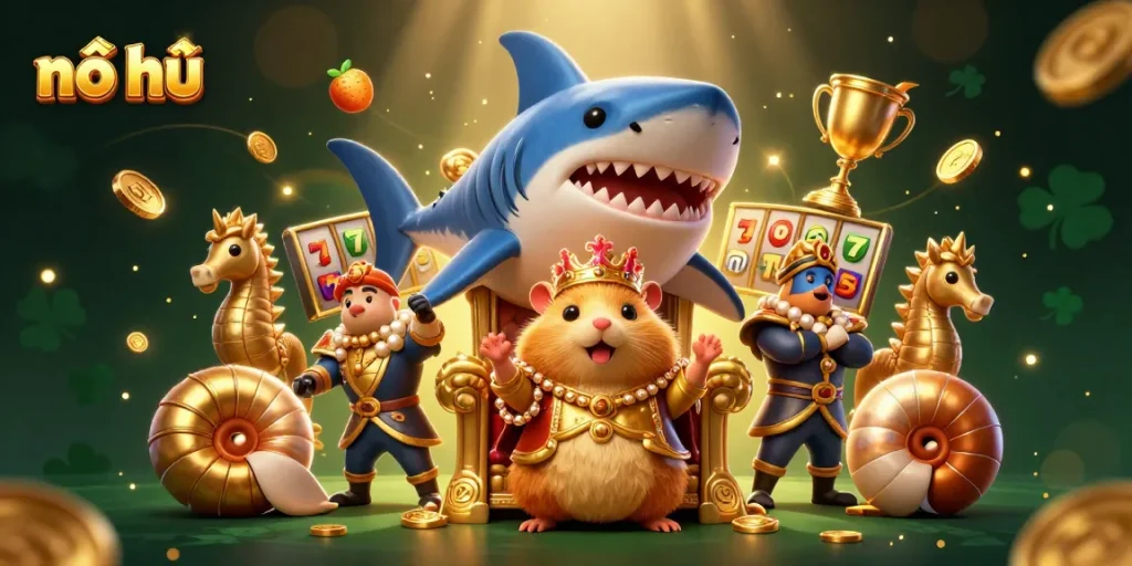 Engage in nổ hũ gameplay with a dynamic scene of a golden hamster king among lively slot elements
