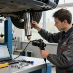 DPF Reinigung Hannover Service in einer professionellen Kfz-Werkstatt mit Techniker und Werkzeugen.