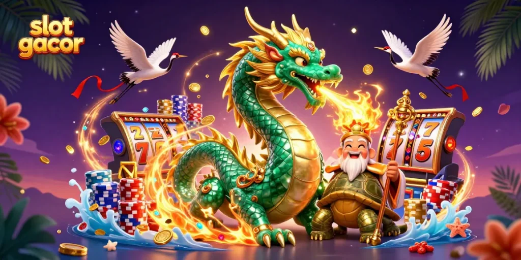 Experience the excitement of slot gacor with vibrant dragons, lucky cranes, and dynamic casino elements.