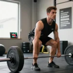 Training mit Astera Shop Produkten im modernen Fitnessstudio, kraftvoller Athlet beim Deadlift.