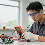 Elektriker in der Nähe überprüft elektrische Verkabelung in modernem Arbeitsbereich.