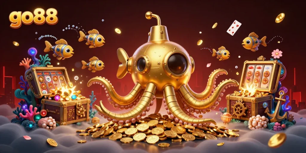 Experience gaming excitement with go88, featuring a vibrant 3D kraken submarine amidst gold coins and slot elements.