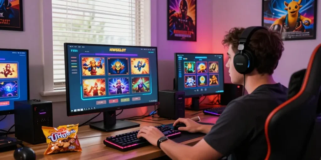 Engaging HWGSLOT gaming scene with player at computer, colorful slot graphics, cozy room atmosphere.