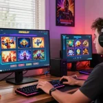 Engaging HWGSLOT gaming scene with player at computer, colorful slot graphics, cozy room atmosphere.