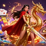 Experience thrilling bets with 33win's dramatic gaming illustration filled with vibrant casino elements.