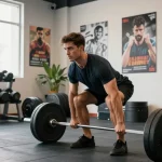 Selliza Shop: Sportlicher Mann beim Deadlift-Training im modernen Fitnessstudio mit motivierenden Elementen.