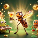 Experience vibrant gameplay with BET88 as the animated mosquito mascot holds a golden cocktail, creating a lively casino atmosphere.