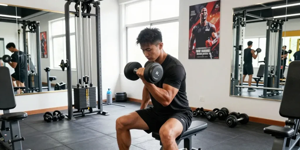 Bodybuilder im Anabolika Shop beim Training mit Gewichten in einem modernen Fitnessstudio.