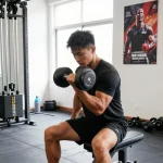 Bodybuilder im Anabolika Shop beim Training mit Gewichten in einem modernen Fitnessstudio.