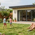 Garten Haus in schöner Gartenidylle mit spielenden Kindern.
