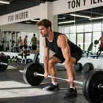 Anabolika Shop Deutschland: Muskulöser Mann im Fitnessstudio beim Deadlift, umgeben von Trainingsgeräten.