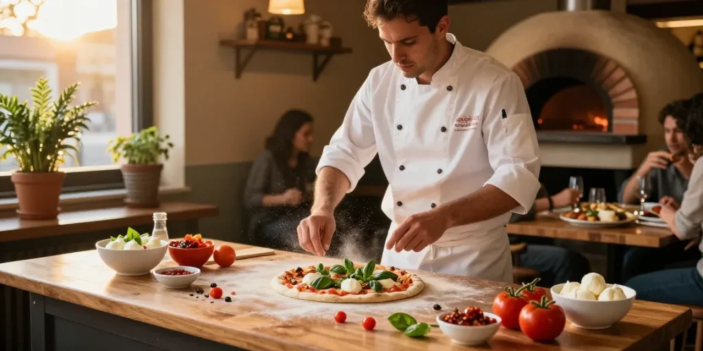 Delicious pizzeria scene showcasing the art of making pg soft pizza with fresh ingredients and a warm atmosphere.
