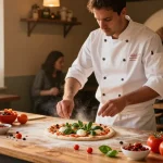 Delicious pizzeria scene showcasing the art of making pg soft pizza with fresh ingredients and a warm atmosphere.