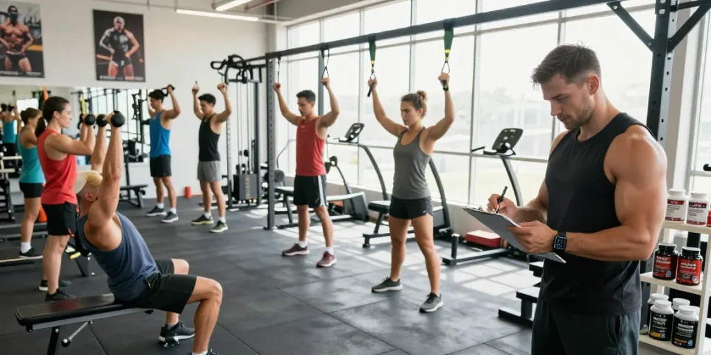 Bodybuilder im Fitnessstudio, der Deus Medical Produkte benutzt, um Fitnessziele zu erreichen.