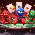 ML88 ninja chameleons engage in martial arts amidst chess-like poker elements, symbolizing gambling excitement.