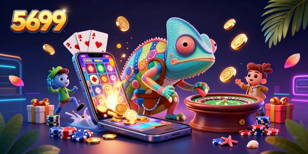 Play thrilling games at 5699 with an eye-catching chameleon surrounded by casino elements.