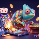 Play thrilling games at 5699 with an eye-catching chameleon surrounded by casino elements.