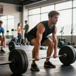 Ein leistungsstarker Mann trainiert mit Utinon Steroide im modernen Fitnessstudio.
