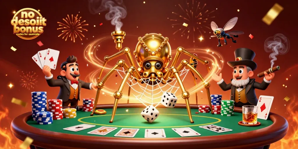 No deposit bonus codes for australia shimmering in an elaborate casino scene with vibrant poker elements.