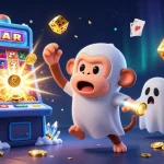 Engage with 17j77 in a vibrant casino scene, featuring playful characters and festive jackpot elements.