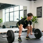 Deus Medical Trainingsszene: Ein Athlet beim Deadlift in einem modernen Fitnessstudio.