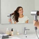 Laifen Föhn in modernem Badezimmer mit lächelnder Frau bei der Anwendung für glänzendes Haar.
